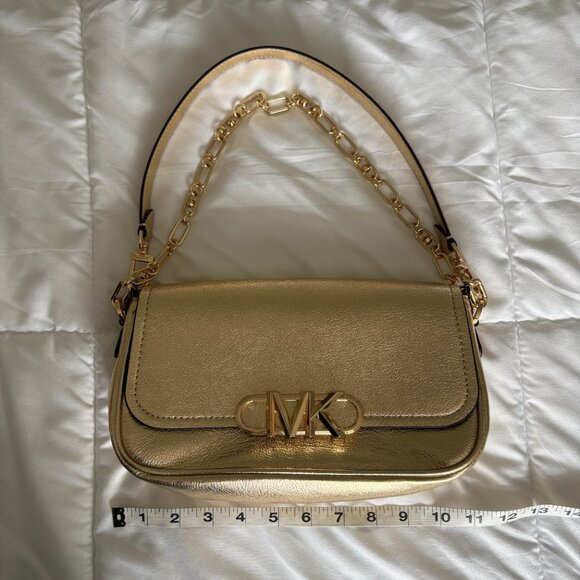Michael Kors Parker Medium Gold Metallic Leather Shoulder Bag Chain Strap - Picture 5 of 11
